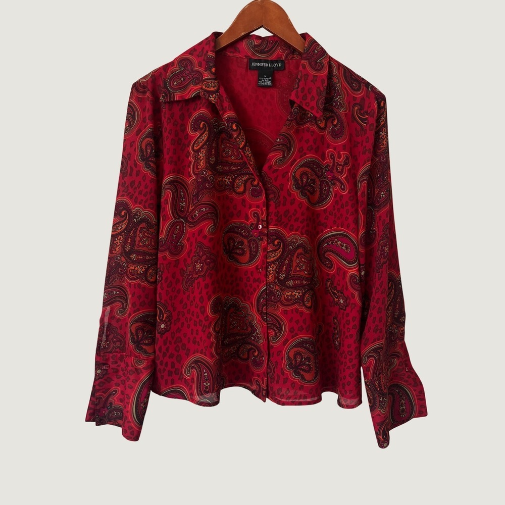 VTG Jennifer Lloyd Red Paisley Leopard Print Button Up Blouse L Long Sleeve boho